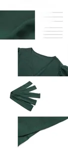 Detailed views of dark green V-neck dress showing fabric texture, belt and stitching