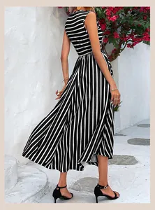 Vertical stripes on a flowing sleeveless maxi dress skirt for a flattering silhouette