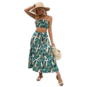 Women's 2-piece summer set with tropical palm print crop top and layered maxi skirt