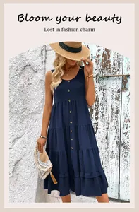 Detail of navy tiered maxi dress with button-down front and sleeveless summer cut