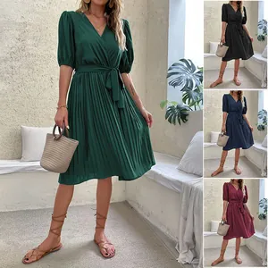 Women V Neck Pleated Midi Dress Short Puff Sleeve Tie Waist Solid Color Elegant Summer Vacation Party Dress For Women