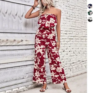 Women summer strapless wide leg floral jumpsuit in red with elegant white flower prints