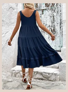 Back view of a navy blue sleeveless tiered midi dress with tiered skirt design for summer