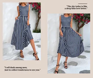 Detail of navy and white striped sleeveless maxi dress with waist tie and side pockets