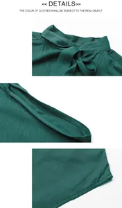 Detail shots of dark green shirt showing neck tie bow and high-quality stitching texture