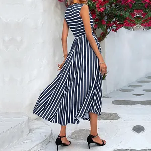Elegant navy blue striped sleeveless maxi dress with high waist and pleated skirt detail