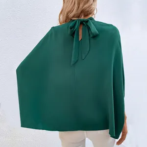Elegant dark green sleeveless blouse with mock neck and back ribbon tie for women