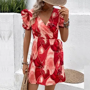 Damen Sommer V-Ausschnitt Abstrakter Druck Wickel Minikleid Puffärmel Elegant Bindegürtel Urlaub Party Kleid Für Damen