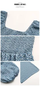 Détail de la combinaison fleurie bleue avec buste froncé et décolleté carré chic