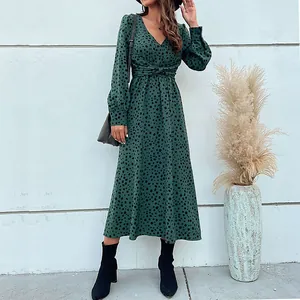 Damen Leopardenmuster Midi Kleid V Ausschnitt Langarm Gedrehter Knoten Hohe Taille Dunkelgrün A-Linie Freizeit Büro Party Kleid