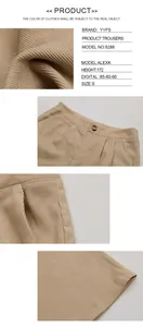 Detailed views of corduroy texture, button closure, pleated waist, and side pockets on trousers