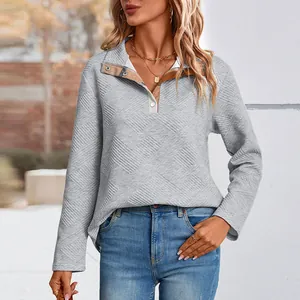 Women's Casual Quilted Sweatshirt Plaid Patchwork Long Sleeve Henley Neck Pullover Polyester Spandex Loose Fit Top