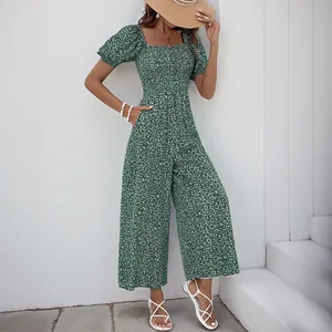 Combinaison Femme Élégante Imprimé Floral Col Carré Manches Bouffantes Buste Smocké Taille Haute Jambe Large Tenue Été