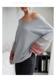 Detail of grey waffle knit long sleeve top with pink and brown color block cuffs