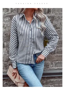 Detailed view of women's vertical striped lapel shirt with button-up cuffs and slim fit
