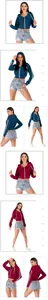 Detail view of cropped zip-up hoodies with sleeve stripes and ring puller in navy and wine red