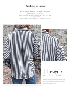 Close-up of blue and white vertical striped shirt with lapel collar and pleated back detail