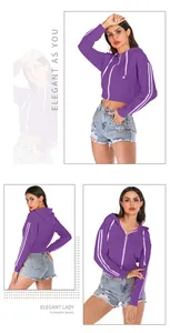 Detail of purple cropped hoodie with triple side stripes and white drawstring cords