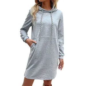 Damen Kapuzenpullover Kleid in Grau mit gestreiften Kordeln und vorderen Taschen