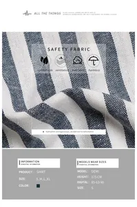 Detailed fabric view of blue striped shirt showing breathable cotton linen texture