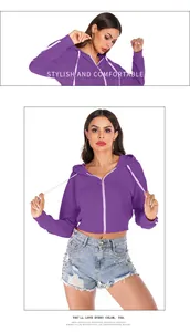 Detail of purple cropped zip-up hoodie featuring a round puller and ribbed cuffs
