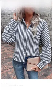 Vertical striped long sleeve shirt with classic collar and button cuffs for women