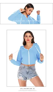 Detail of light blue cropped hoodie featuring white drawstrings and zipper closure