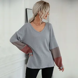 Women's Casual V Neck Waffle Knit Top Color Block Long Sleeve Loose Fit Pullover Lightweight Sweater For Autumn Daily Wear