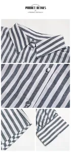 Detail view of the striped shirt collar, sleeve cuffs, and fabric buttons