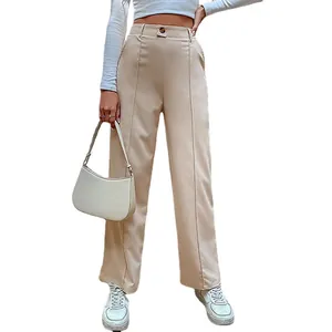 Pantalon large beige élégant à taille haute pour femme avec plis marqués devant
