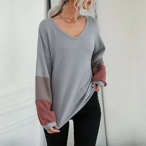 Women's V-neck waffle knit sweater with color-block long sleeves in casual loose fit