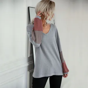 Women's V-neck waffle knit sweater in light grey with color block long sleeves