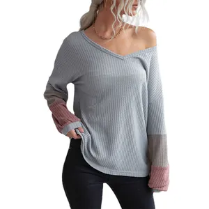 Women's V-neck waffle knit grey long sleeve sweater with color block sleeves and loose fit