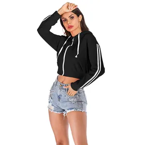 Women's cropped black hoodie with white sleeve stripes and drawstring hooded design