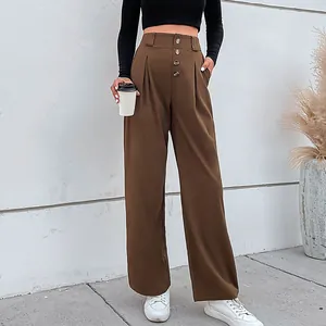 Pantalon large taille haute pour femme couleur café avec quatre boutons décoratifs