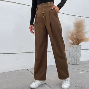 Pantalon marron à taille haute et jambes larges avec boutons verticaux pour femmes
