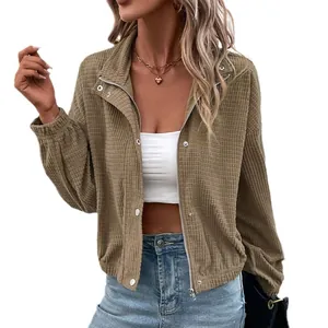 Women's khaki corduroy jacket with stand collar and zipper closure, autumn fashion style