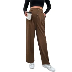 Pantalon femme taille haute et jambe large en marron café avec boutons décoratifs