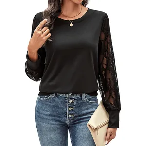 Women's black long sleeve sweatshirt featuring elegant lace splicing and ribbed crew neck