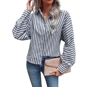 Women's vertical striped long sleeve shirt with lapel and buttons in a professional style