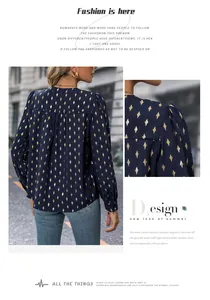 Detail of dark blue long-sleeve blouse with golden diamond foil print and V-neckline