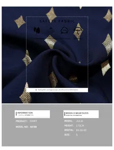 Macro detail of dark blue fabric with gold diamond pattern on long sleeve shirt