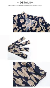 Dettagli dello scollo a V e della cintura coordinata sull'abito blu scuro con stampa leopardata