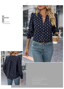 Detail of dark blue women's blouse featuring gold diamond patterns and V-neckline