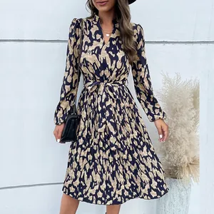 Vestito Midi a Pieghe Elegante Scollo a V Manica Lunga Donna Stampa Astratta Cintura da Annodare Poliestere A-Line
