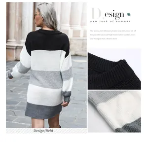 Détail du col rond et texture de la robe en maille à rayures noires et blanches