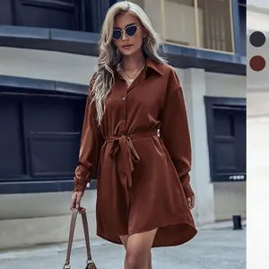 Robe Chemise Femme Élégante Française Col à Revers Manches Longues Avec Ceinture Couleur Unie Polyester Ourlet Irrégulier