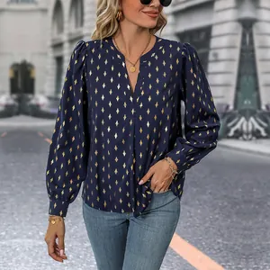 Navy blue V-neck long sleeve blouse with gold geometric diamond foil patterns for women