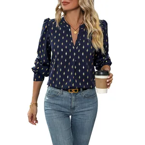 Navy long sleeve shirt for women with gold rhombus print and elegant V-neck design