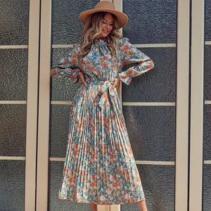 Robe longue plissée à imprimé floral pour femme avec manches longues et ceinture